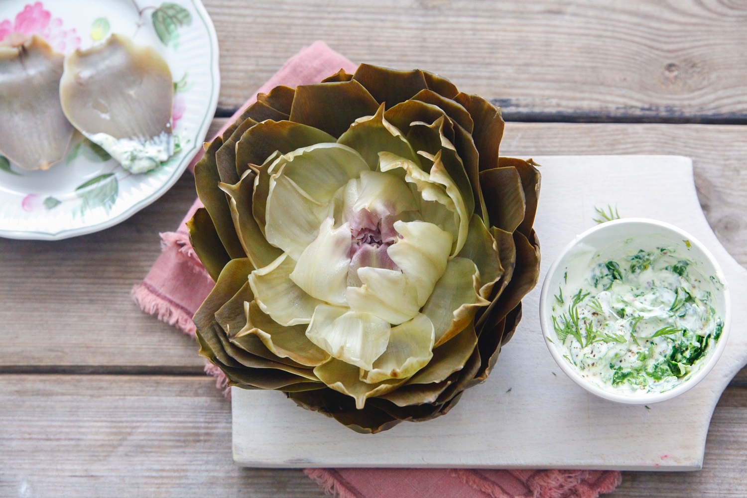 Veggipedia - Artichoke with dip of watercress, dill and mustard