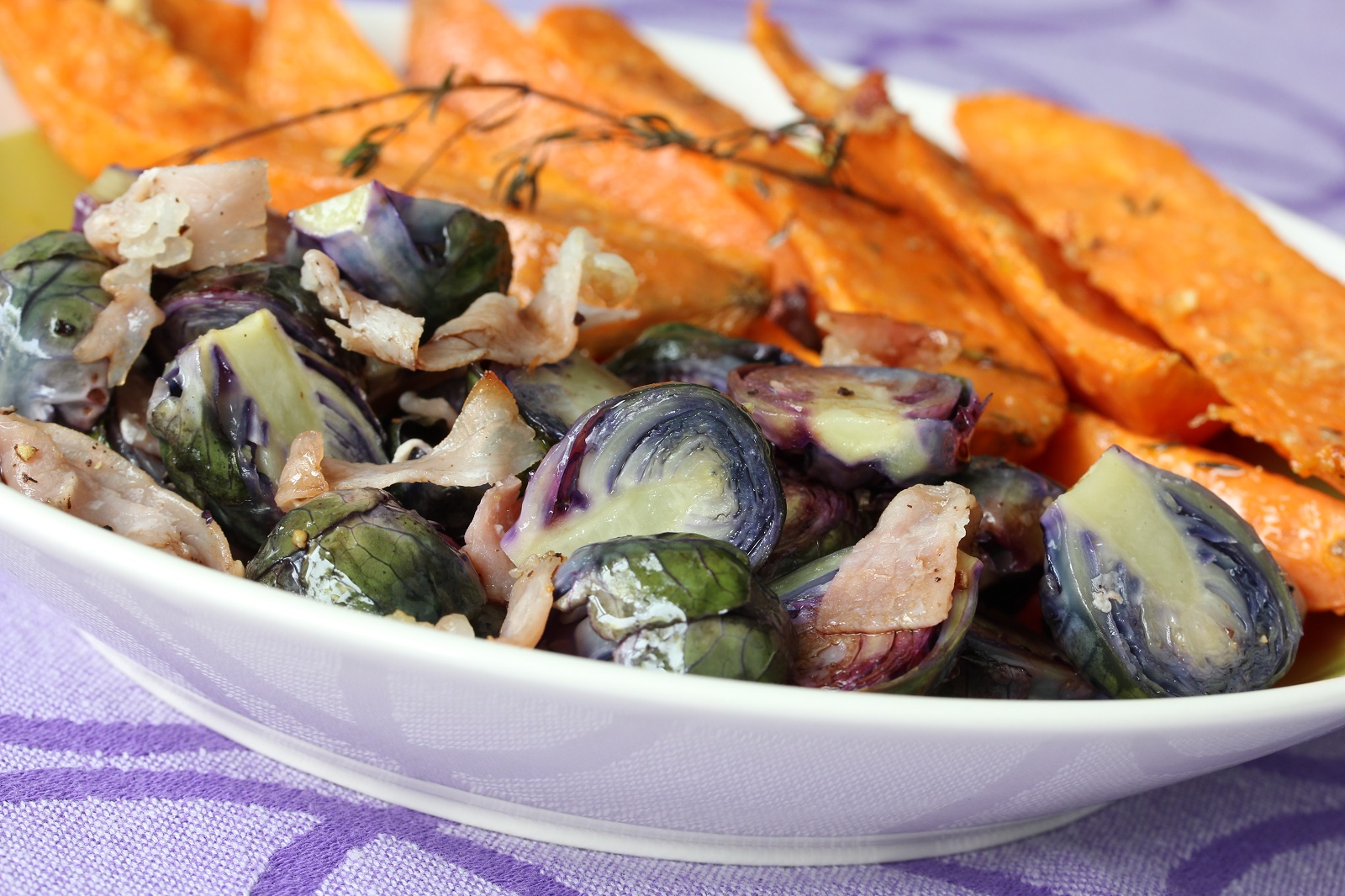 Veggipedia - Roasted purple Brussels sprouts with sweet potatoes