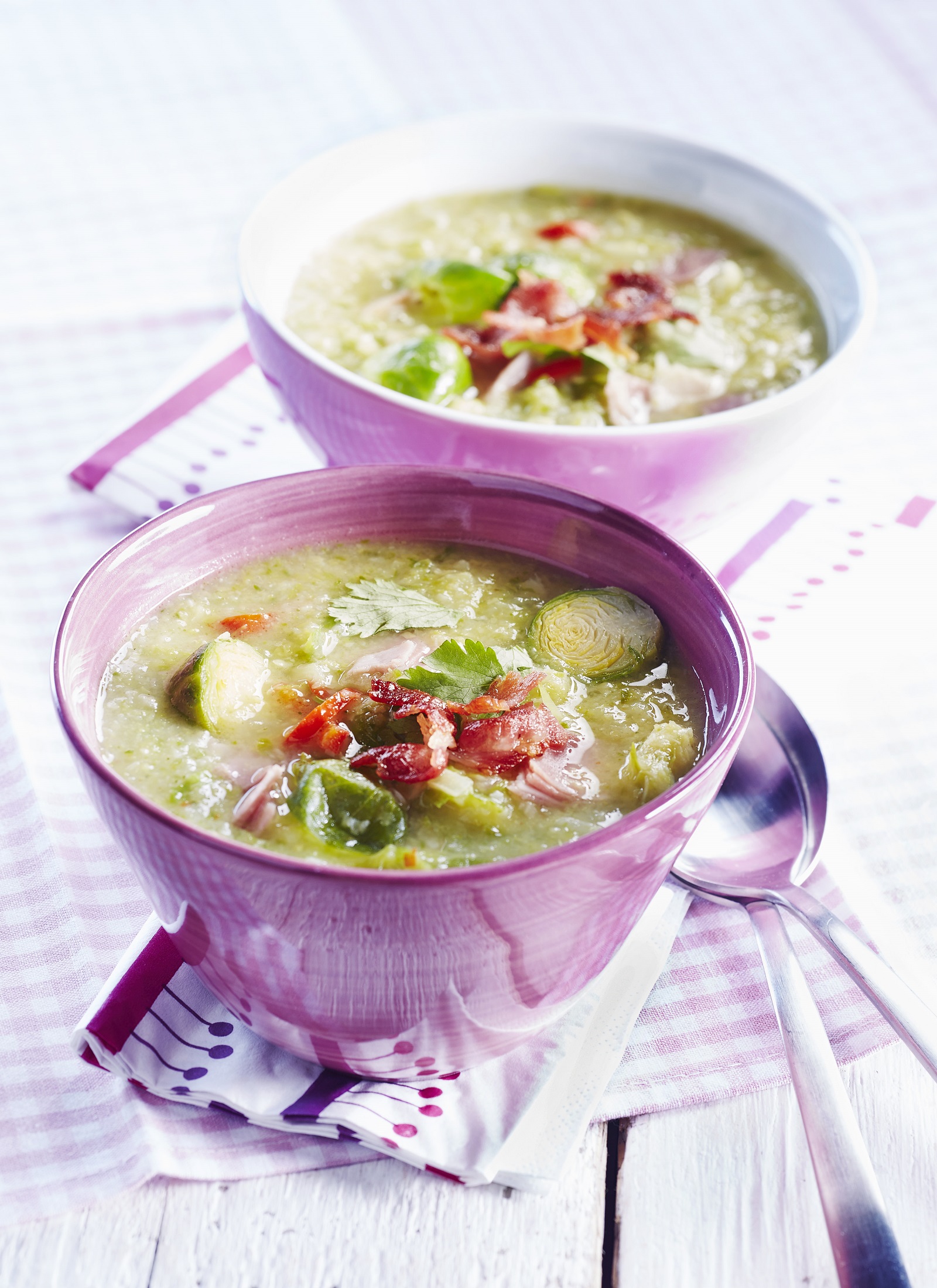 Spicy Brussels sprout soup with bacon crumbles