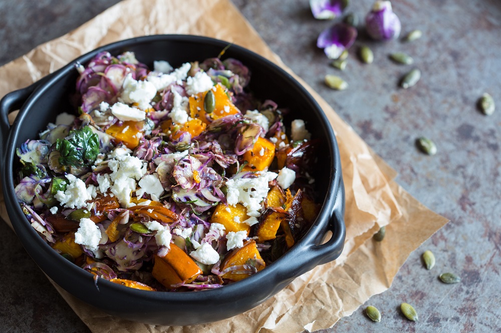 Purple sprout salad with pumpkin and goat cheese