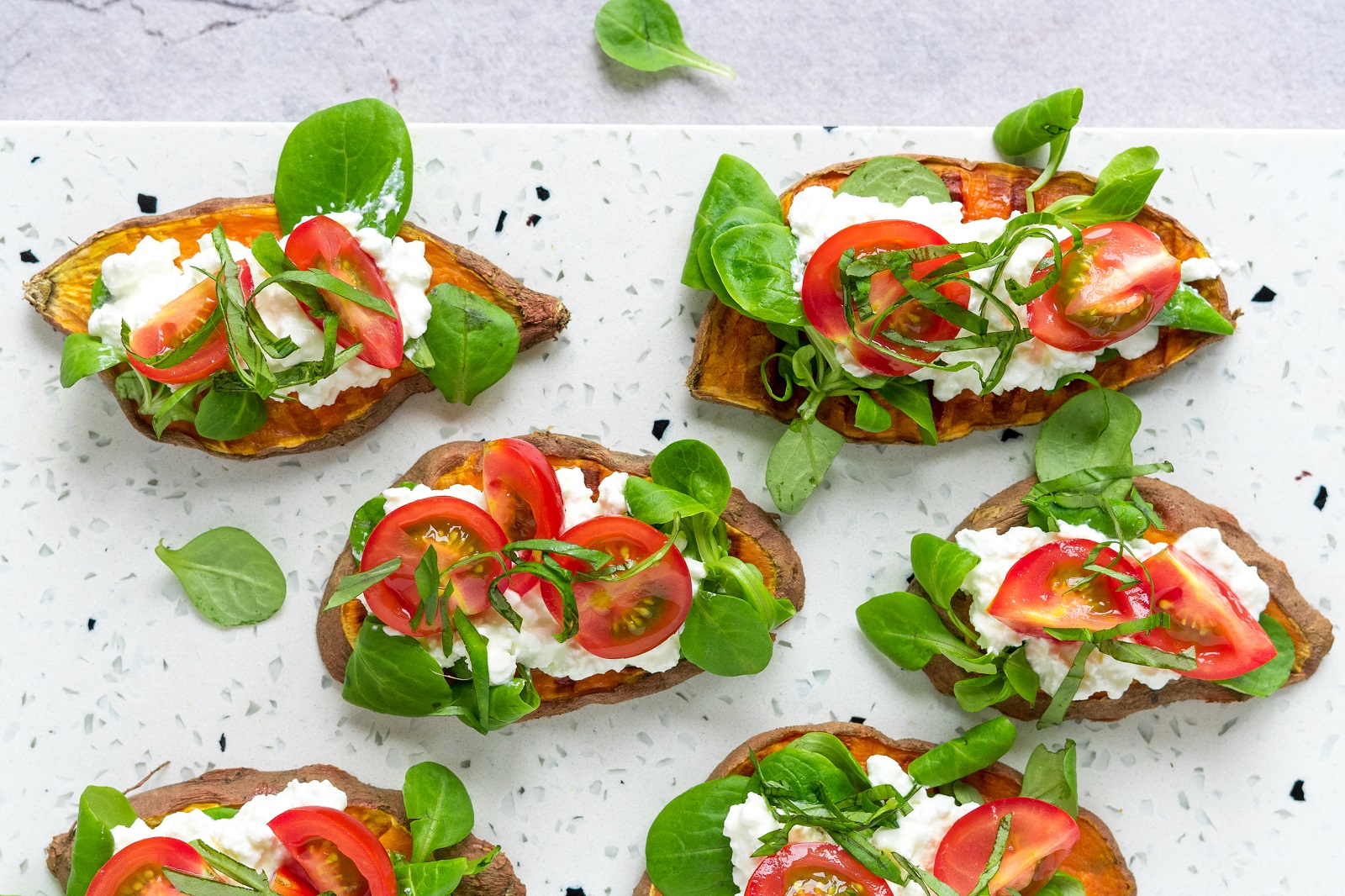 Veggipedia - Sweet potato 'toast' with corn salad, cottage cheese and balsamic tomatoes